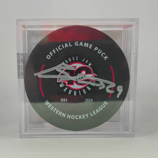 Brayden Yager - Playoff Goal Puck - April 12, 2024 vs Swift Current Broncos (Warriors 40th Logo)